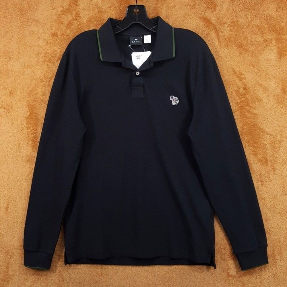 PAUL SMITH Polo Shirt Mens Small Black Long Sleeve Contrast Stripe Trim Logo